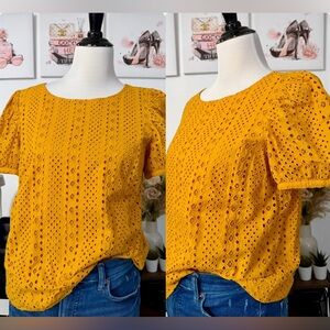 J. Crew Mustard Eyelet Puff Sleeve Blouse
